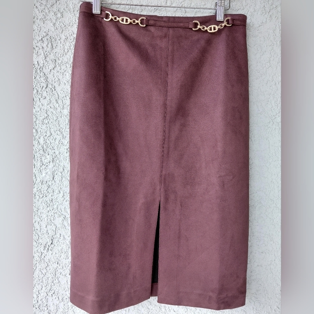 Ann Taylor Brown Faux Suede Pencil Skirt with Gold Chain